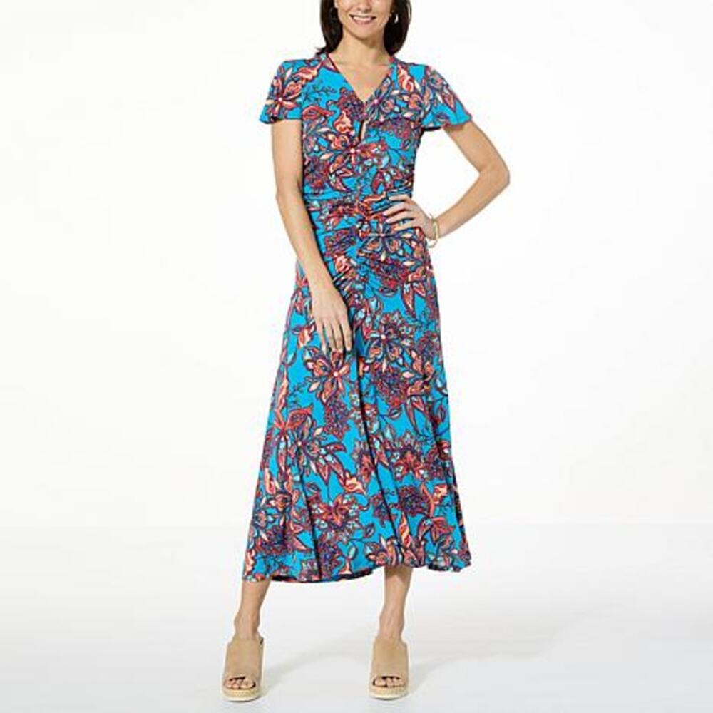 COLLEEN LOPEZ Women's Ruched Flutter-Sleeve Dress Size 1X In Teal